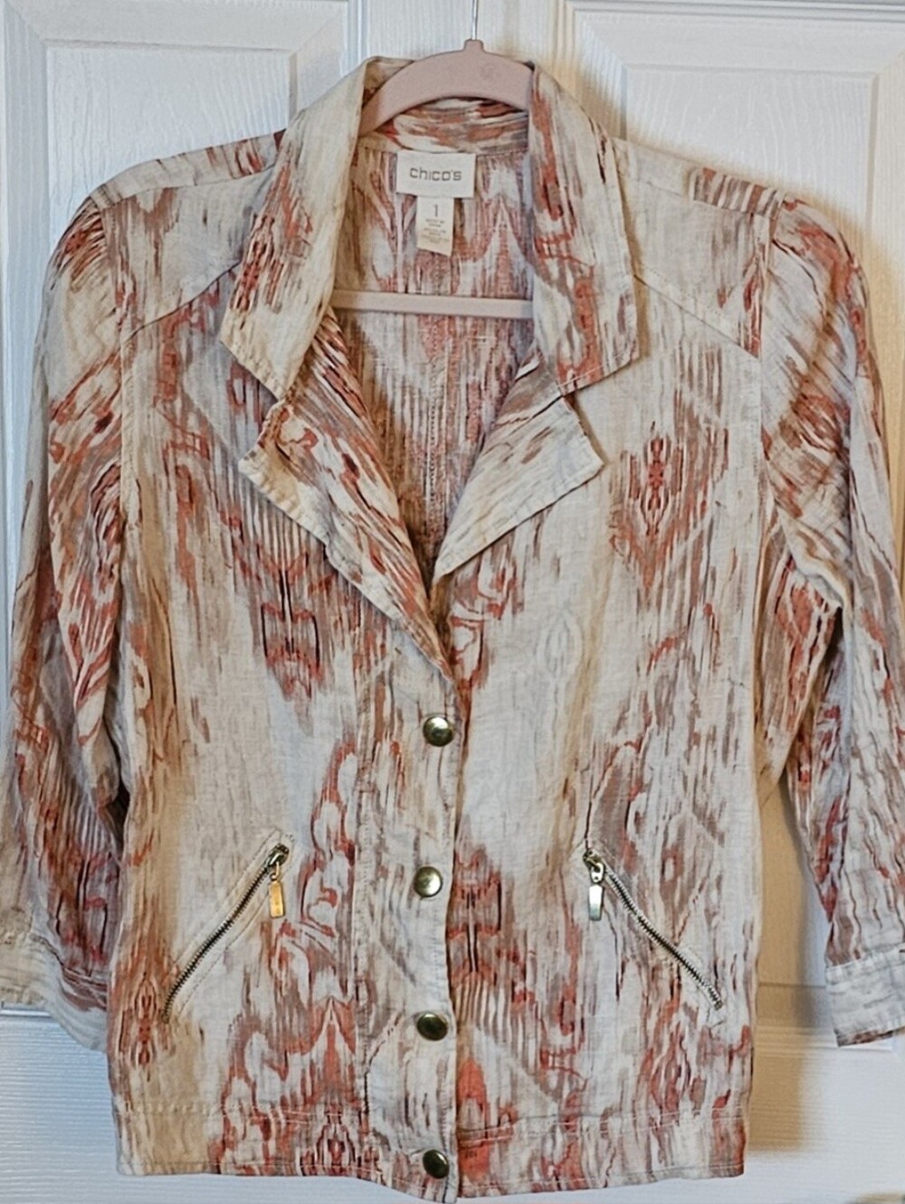 Chico's Women's Size 1 Orange White Linen 3/4 Sleeve Button Front Jacket